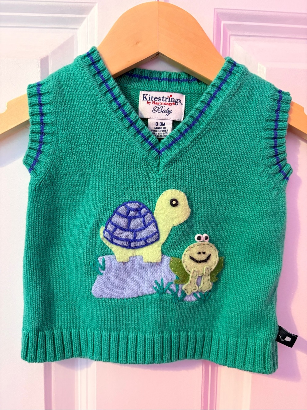 Hartstrings Baby Green V-Neck Sweater Vest with Blue Trim